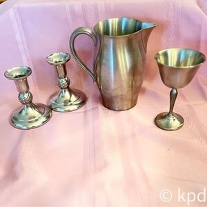Elegant Eclectic Vintage Pewter Collection:Chalice, Candlesticks  Pitcher
